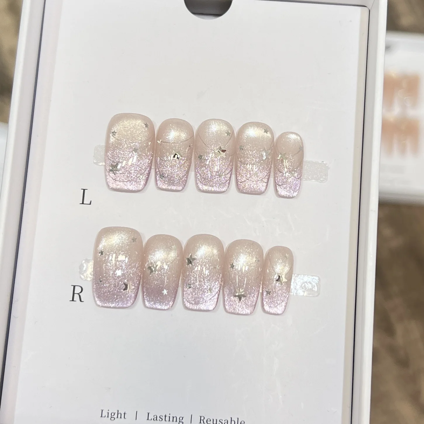 

10pcs Handmade Short French Press On Nails Sparkling Purple Cat Eyes Sequin Design False Nail Wearable Fake Nail