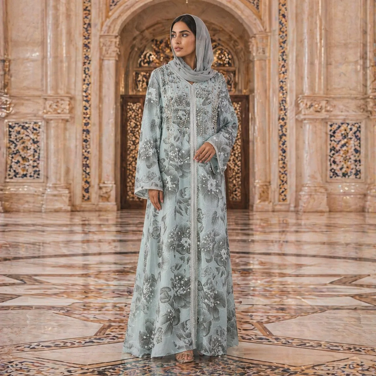 Women Jalabiya Arab Dress Sequin Bead Trim V-Neck Floral Print Regular-Fit Ramadan Eid Evening Party Muslim Abaya Islam Clothing