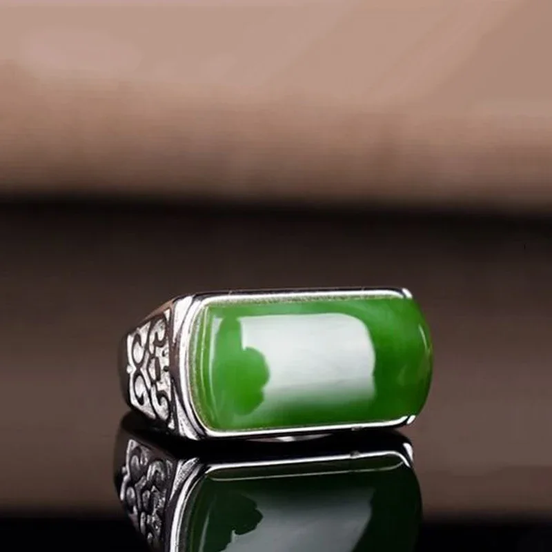 

Classic Design Silver Natural Hotan Jade Rings for Women Creative Rectangular Geometric Mosaic Ring Jewelry Opening Adjustable