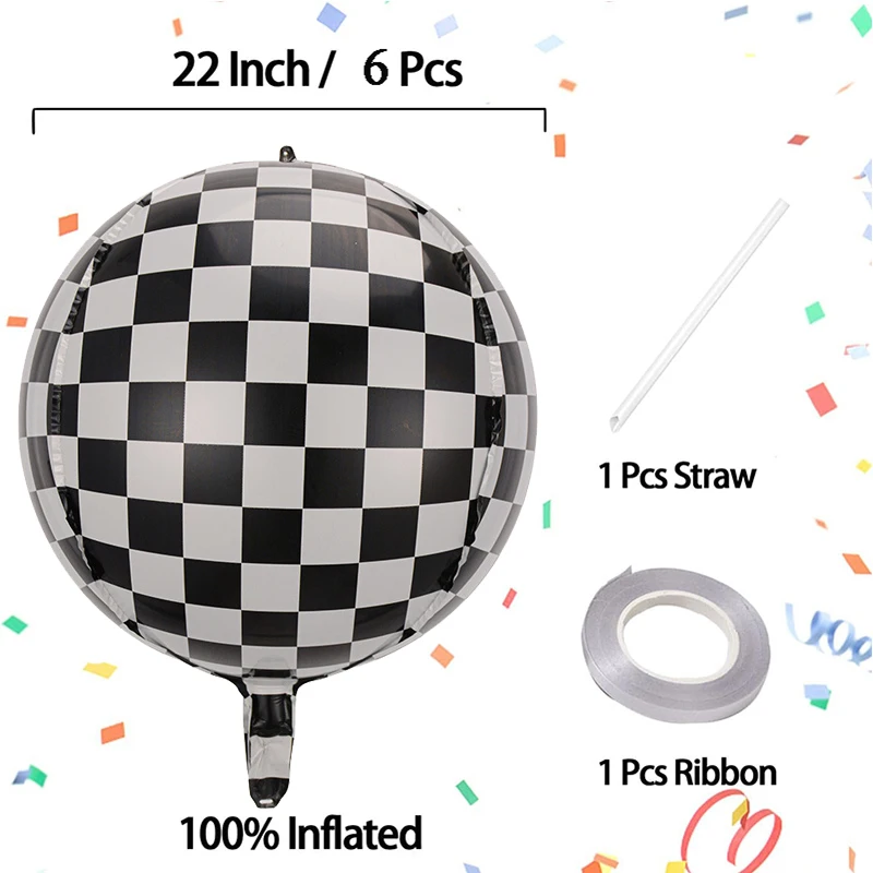 6 Pcs Black White Checkered Foil Balloons 22 Inch 4D Sphere Race Car Checker Helium Balloons Racing Themed Birthday Party Decor