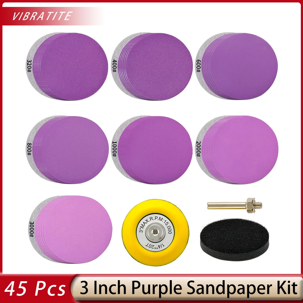 

45 Pcs 3 Inch Sanding Disc Set Wet Dry Hook and Loop Drill Sanding Attachment Sandpaper for Wood Metal Automotive 320-3000 Grit