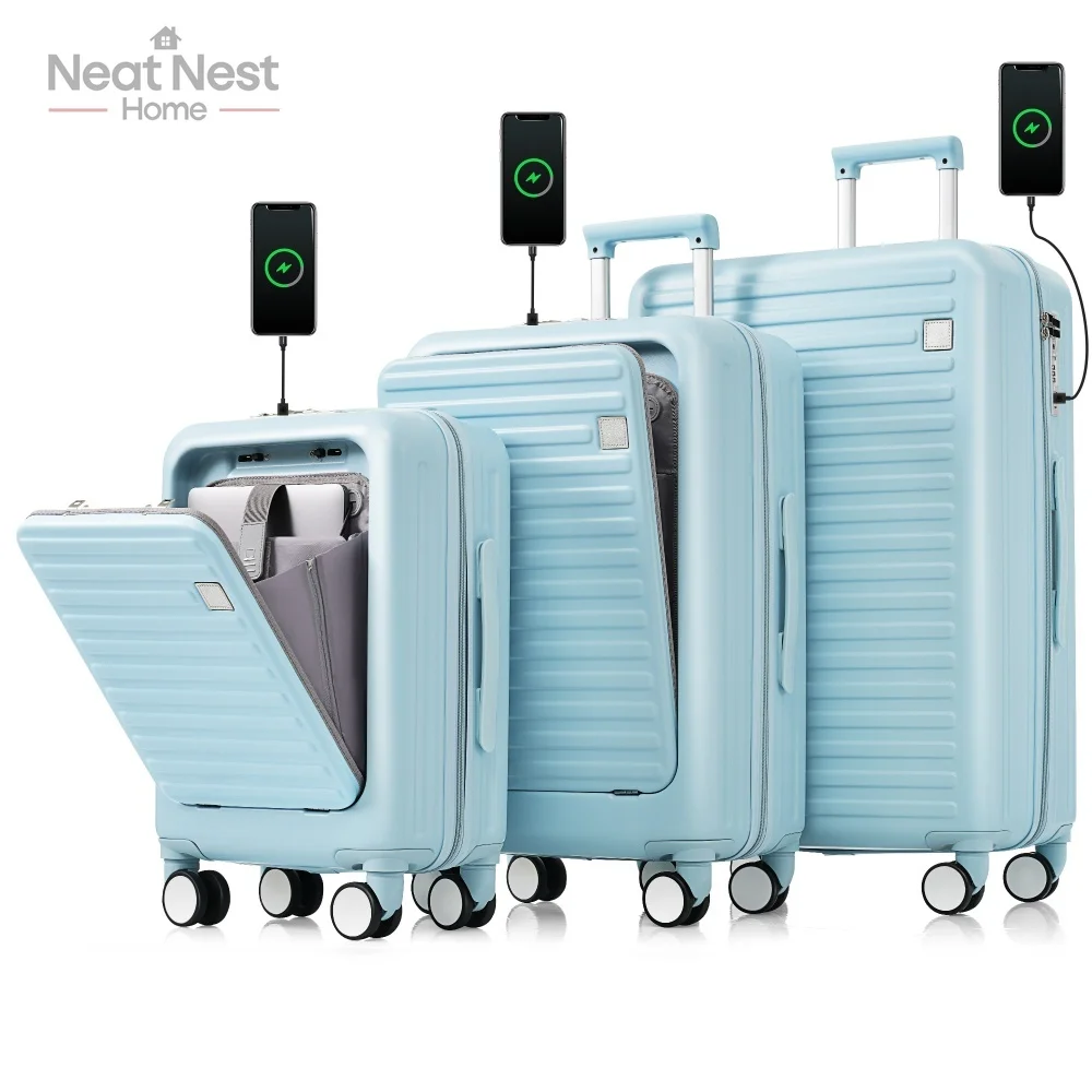 

Luggage Set with USB Port,front opening design,Airline Certified Carry on Luggage,ABS Hard Shell Luggage with Spinner Wheels