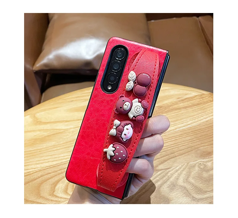 Cute Wrist strap PU Leather Phone Case For Samsung Galaxy Z Fold 3 2 Wristband Cover for Galaxy ZFold 5 4 Z Fold 7 6 Funda Coque