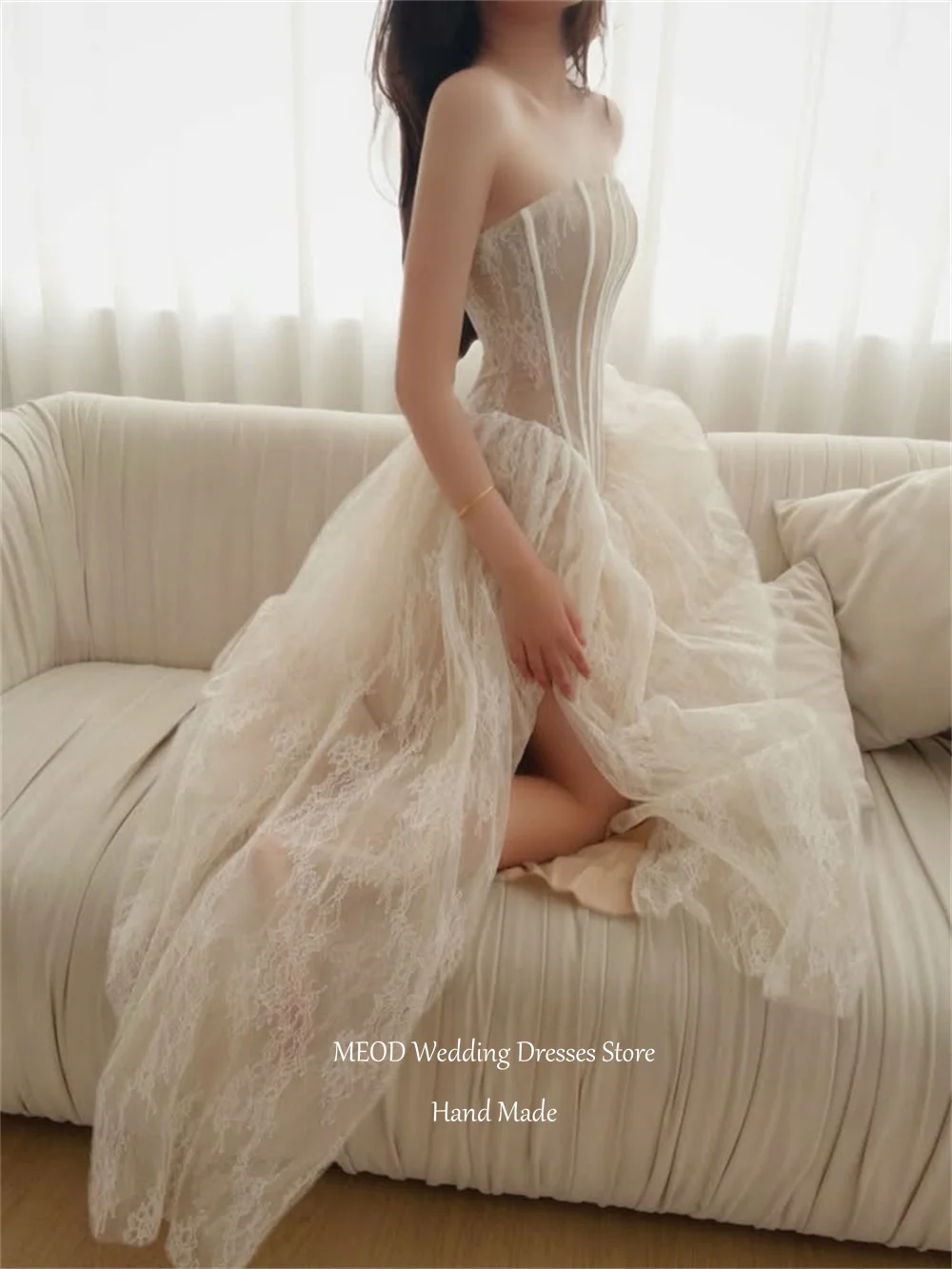 MEOD Lace Fashion Wedding Dresses Bride Strapless Elegant High Slit Robe De Mariée Sleeveless Vestido Femininos Customized
