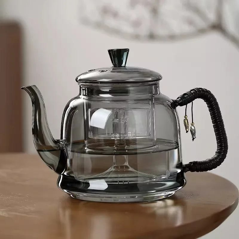 High Borosilicate Glass Tea Pot with Large Capacity, Gray Transparent, Integrated for Boiling and Brewing Tea, Single Pot
