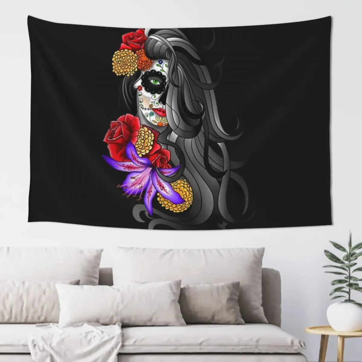 설탕 두개골 죽은 자의 날 문신 화려한 꽃 선물 태피스트리 벽지 홈 장식 미적 홈 장식 태피스트리