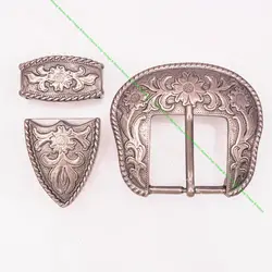 Solid Vintage Silver End Bar Pin Buckle 3 Pcs Set Diy Leathercraft Western Cowboy Flower Belt Buckle Replacement Fit 38mm