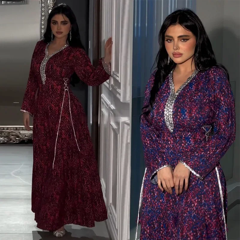 UNI marroquí turco árabe estampado diamantes con cinturón vestidos largos Eid mujeres musulmanas ropa de casa Abayas sauditas Dubai Abaya