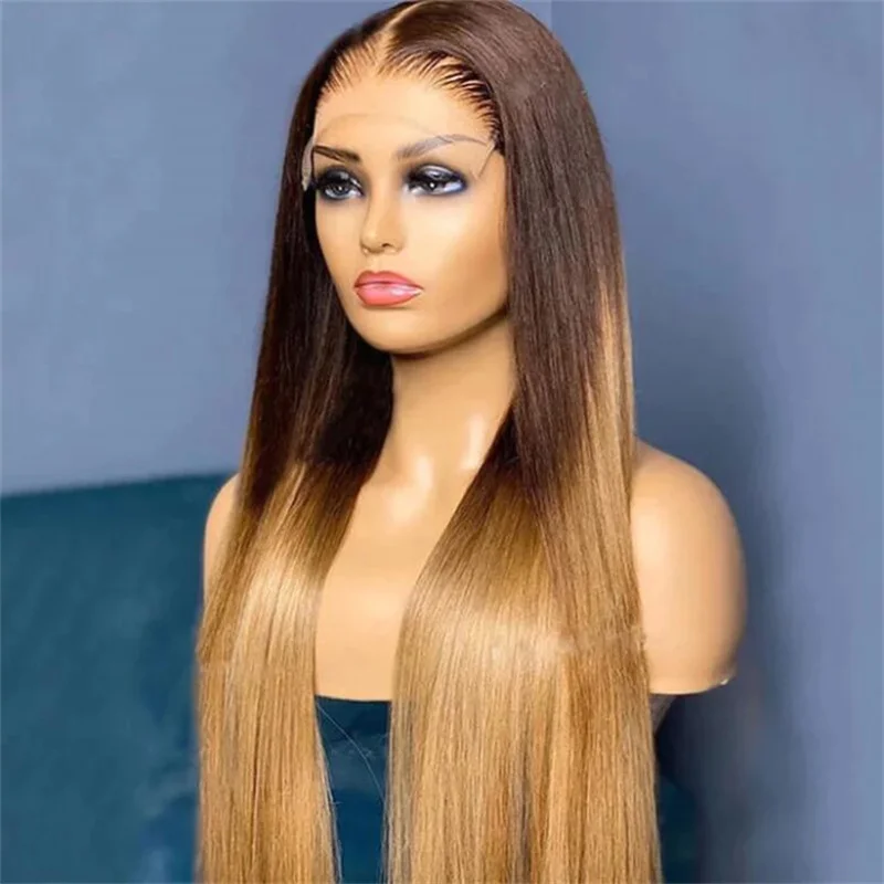 

Ombre Blonde 26Inch 180%Density Straight 13*4*1 Lace Front Wigs For Women Baby Hair Preplucked Glueless Synthetic Fiber Wigs