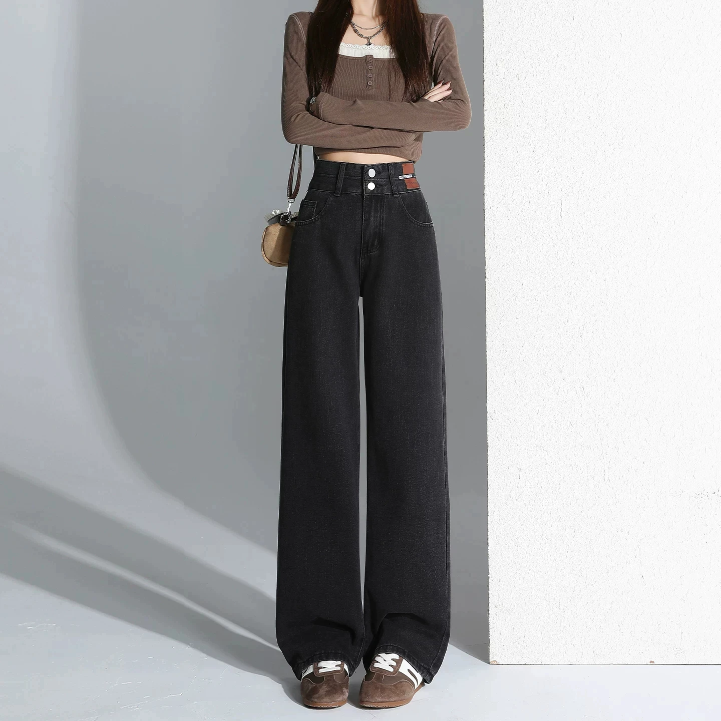 Casual High Waist Straight Leg Jeans Women's Narrow Version Double Buckle Slim Wide Leg Pants Autumn Fashion New Style