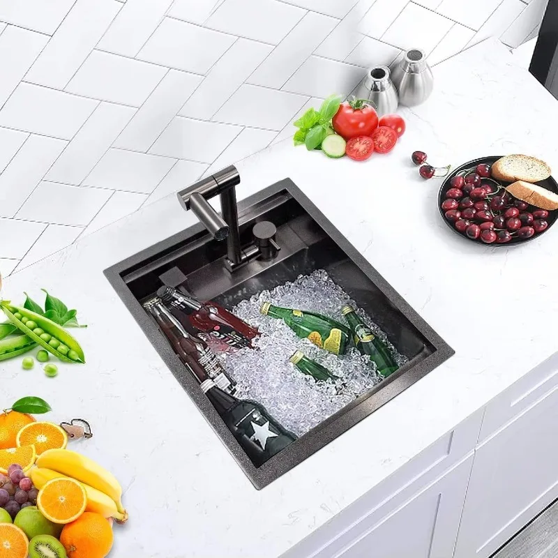 Minimalist Kitchen Stainless Steel Single Bowl Sink with Faucet Above Counter Brushed Surface