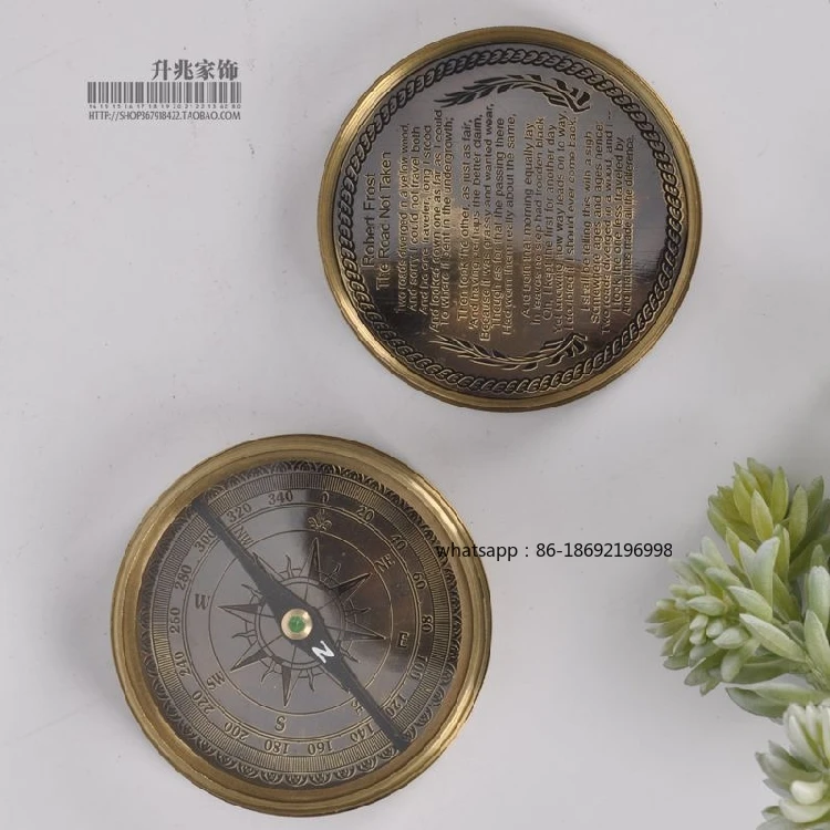 India Imported Pure Copper Brass Retro Crown Cover Compass Model Room Study Table Top Decoration Ornament