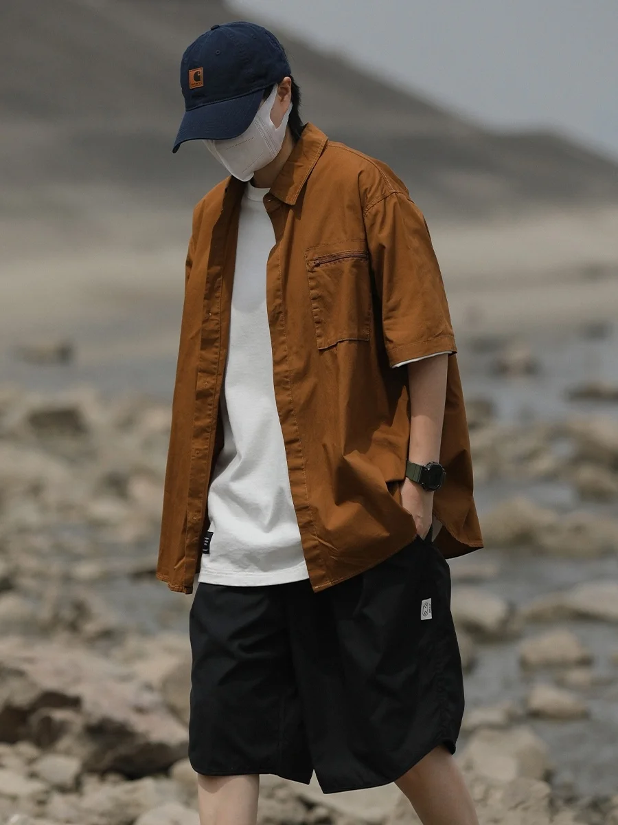 

Summer Men's Loose Fit ort Sve irt Trendy Brand INS Thin Five-Quarter Sve Pure Color arp Collar Youth Faion