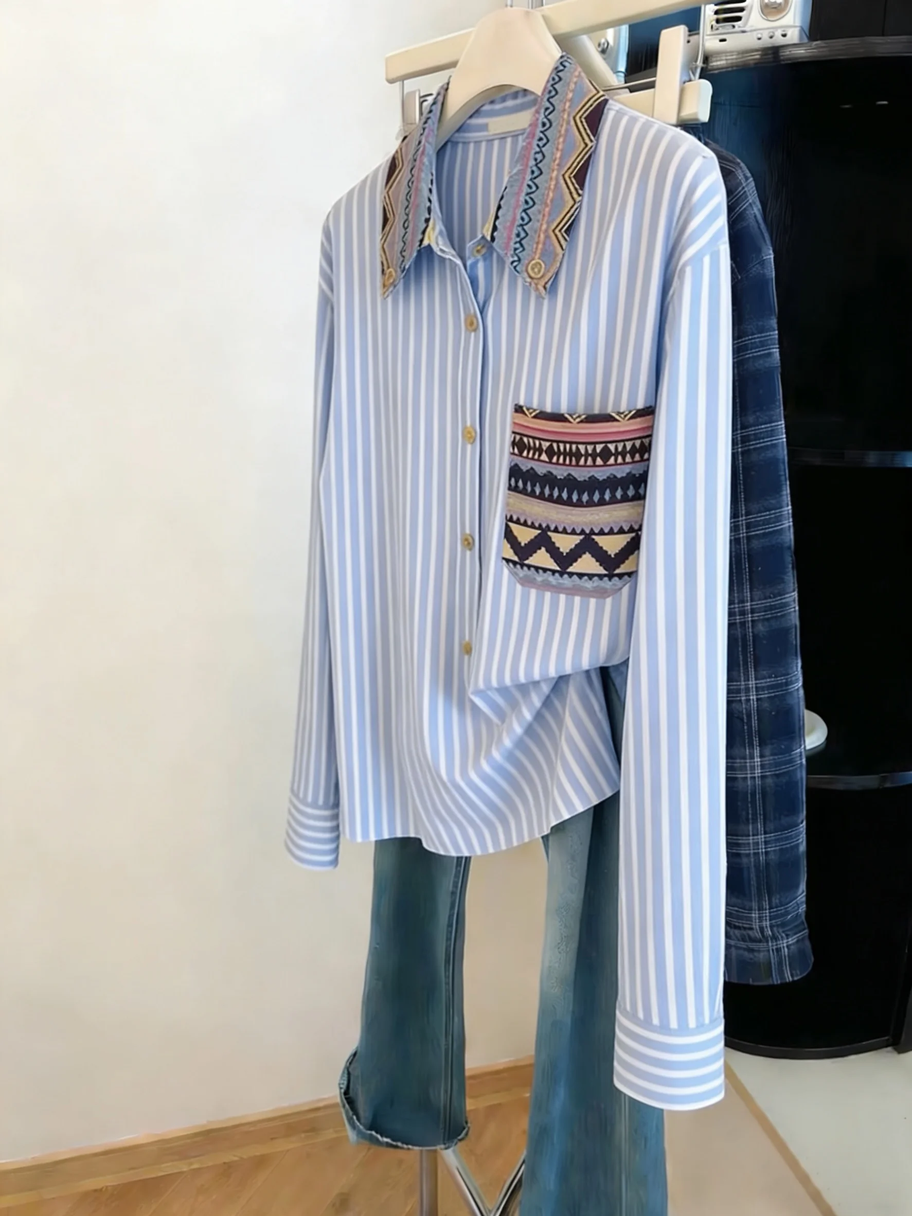 

Ele Vintage Blue Striped Long Sve irt Women's Spring Autumn Loose Versatile Slimming Top Casual Sle Button Closure