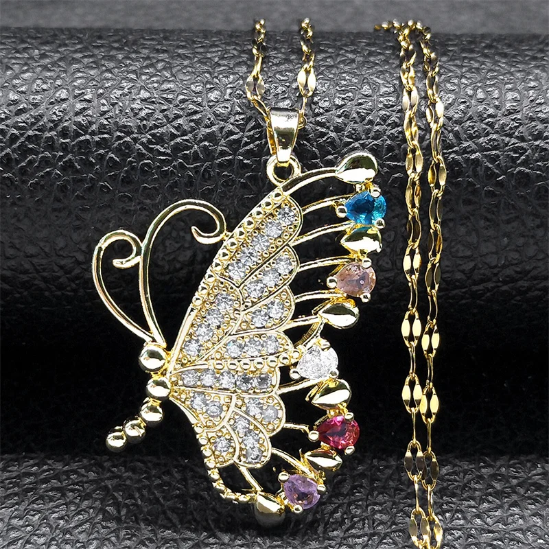 Coquette Butterfly Copper Zircon Pendant Necklace for Women Stainless Steel Y2K Female Chain Girlfriend Gift Jewelry collier