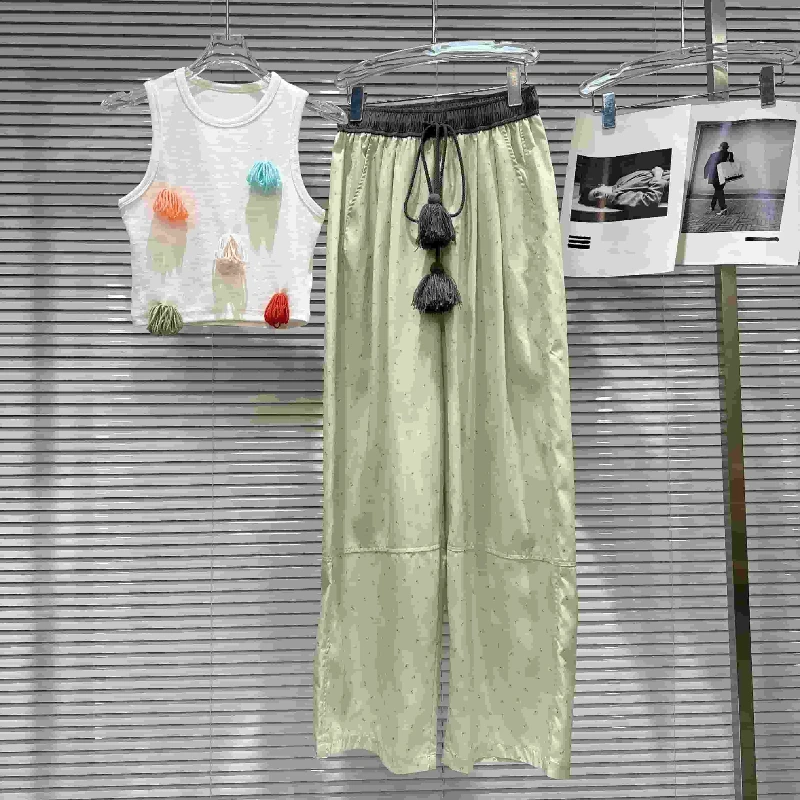 

Women 2025 Summer New Design Tassel Flower Tank Tops Simple Print Wide-Leg Casual Long Pants Fashion Elegant Two Piece Set