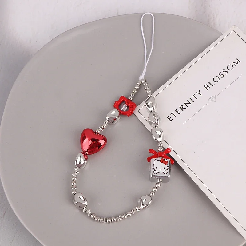 Hello Kitty-cordón de cadena para teléfono con cuentas, llavero femenino, colgantes, amuleto de cámara antipérdida, bonito accesorio de regalo