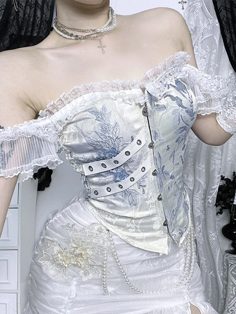 AltGoth خمر القوطية لوليتا سترة المرأة قصر نمط الجمالية Fairycore الجرونج العيينة الدانتيل المرقعة حمالة قطع علوية بدون حمالات