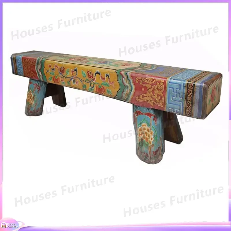 200 Antique Thick Solid Wood Hand Painted Bedside Bench Entryway Shoe Storage Stool Vintage Bedroom Furniture Home Decor