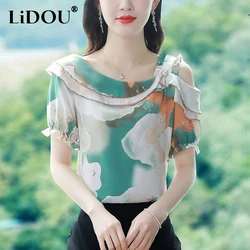 Summer Elegant Fashion Ruffles Hollow Out Chiffon Blouse Female Loose Casual All-match Vintage Blouse Women Short Sleeve Shirt