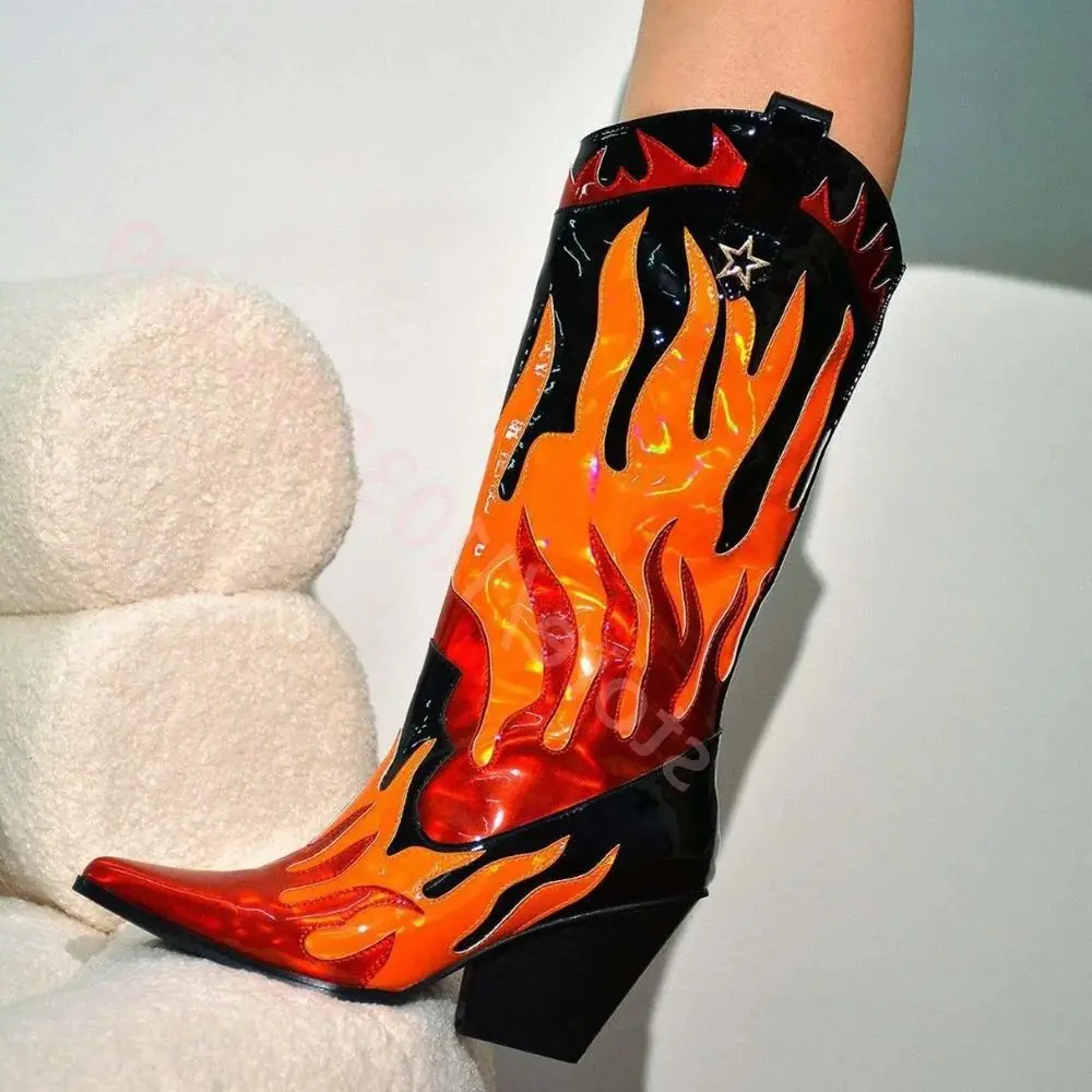 Mixed Color Pointed Thick Heel Stage Boots 2025 Autumn Street Sexy Catwalk Western Cowboy Boot Fashion Party Casual Women's Boot