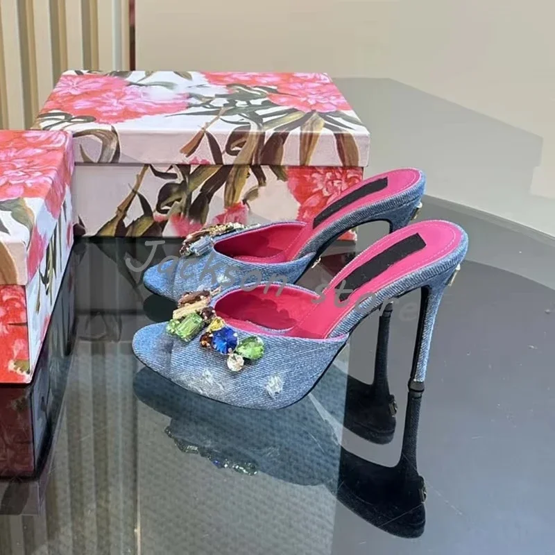 2025 المرأة مختلط الألوان حجر الراين الدنيم النعال عادية عالية الكعب تنوعا العصرية خنجر الراحة فستان أحذية اليدوية