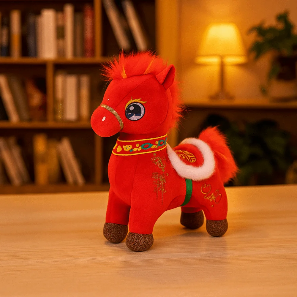 Kawaii Horse Fluffy Chinese Style Zodiac Pony Figurine Cotton Filled 17/22/26/32cm Cartoon Steed Festive Decor