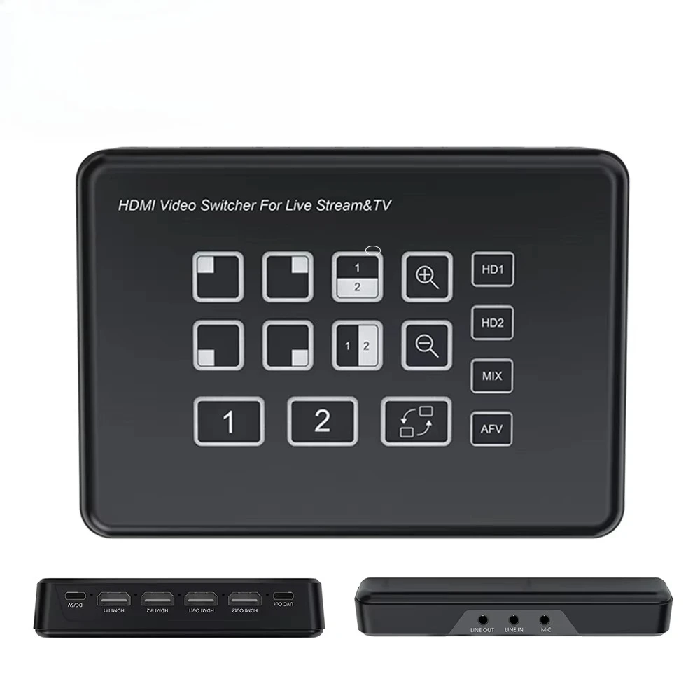 2 Way HDMI Video Switcher with UVC Out for OBS Live Stream 2 CH PIP Split Screen Audio Mixer PVW PGM Video Switcher
