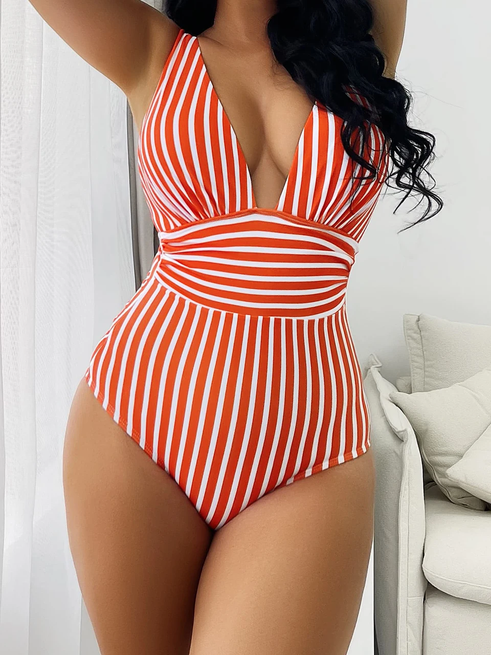 2023 Striped V-neck One Piece Swimsuit Vintage Padded Swimwear Women Bathing Swimming Suit Female Backless Beachwear Bodysuit