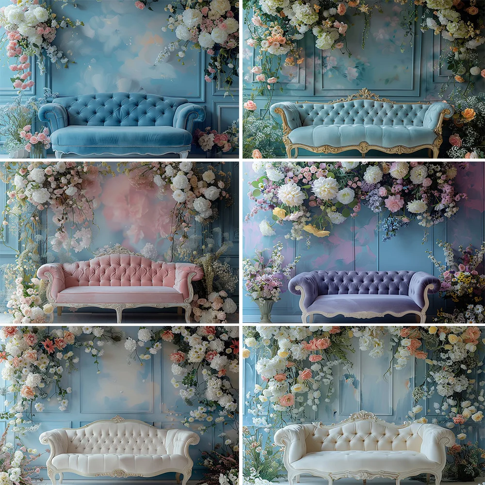 Photography Background for Girls Birthday Wedding Party Blue Flower Room Sofa Decor Photobooth Bridal Show Studio Photoshoot