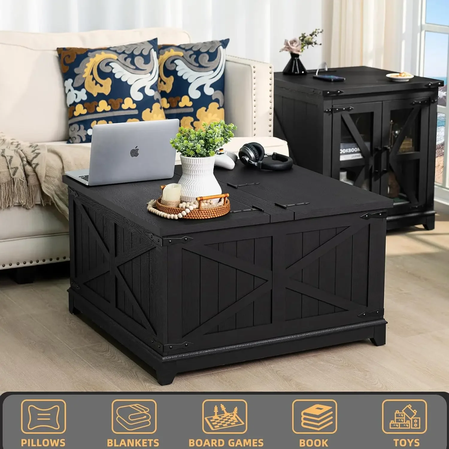 Farmhouse Coffee Table with Hidden Storage Organizer, Black Square Large Center TableHinged Lift Top for Home, Office