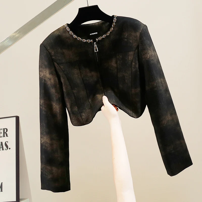 

Fashionable Heavy-Weight Beaded Zipper Long-Sleeve round Neck Short Jacket Women's Trendy Top Commute Style Slim Fit Regular ...