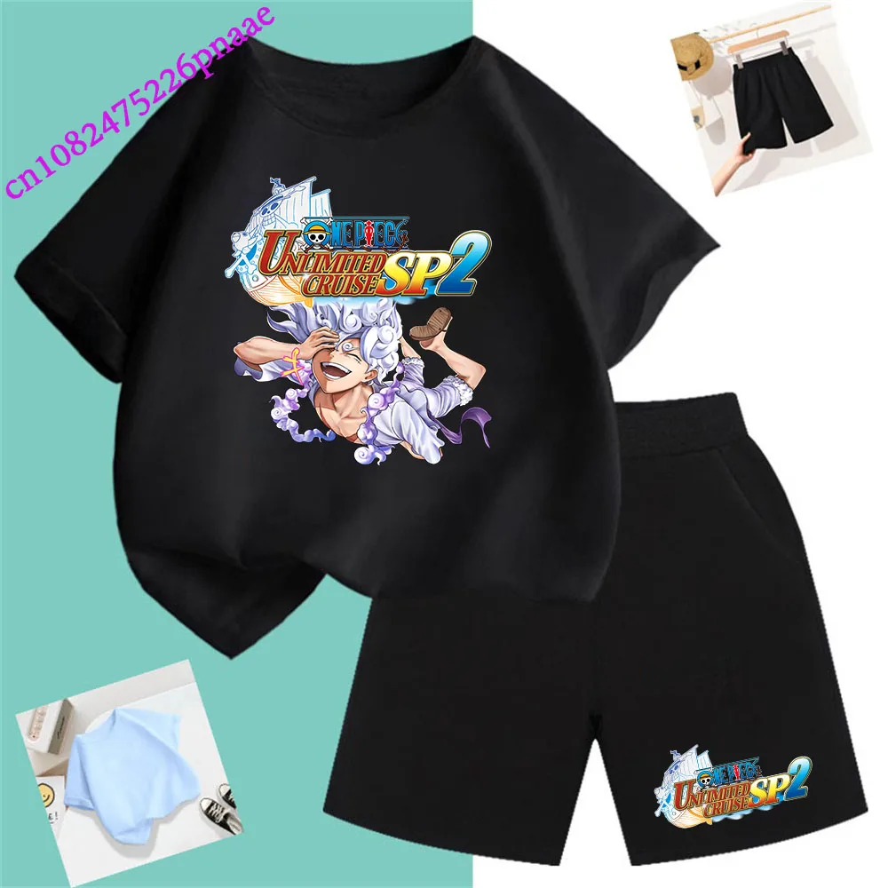 One Piece Pirate King Fashion Summer 2024 Cheap Girl Short T Shirt Kid Clothes Shorts Child Set Fashion Kawaii O-neck T-shirt