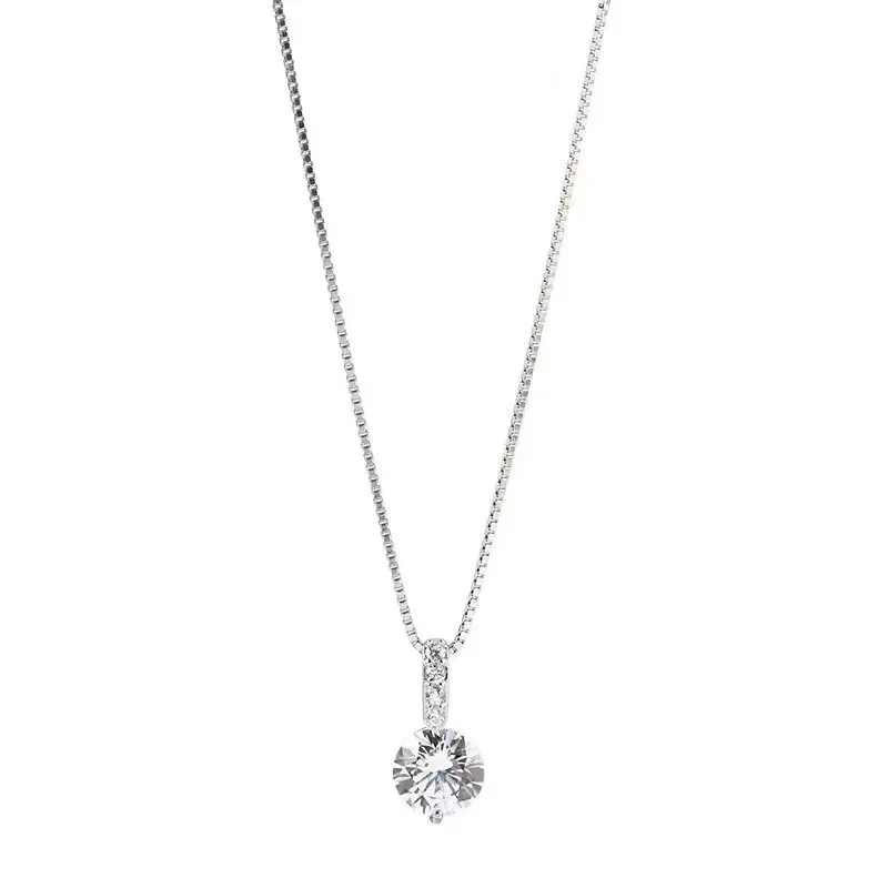 Single Round Brilliant Cut CZ Pendant Necklace Vertical Bar Stone Link Chain Minimal Everyday Dainty Collar Jewelry For Women
