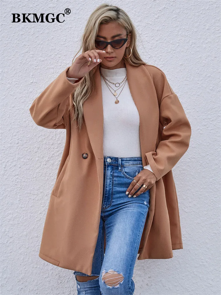 

BKMGC Jacket and Coats For Women Autumn Winter Woolen Coat One Button Casual Solid Color Suit Collar Long Women Jacket 2180