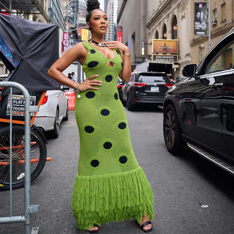 

Black Polka Dot Knitted Dress V Neck Hollow Out Fringe Hem Long Maxi Dress 2025 Summer New Women's Elegant Party Evening Gown