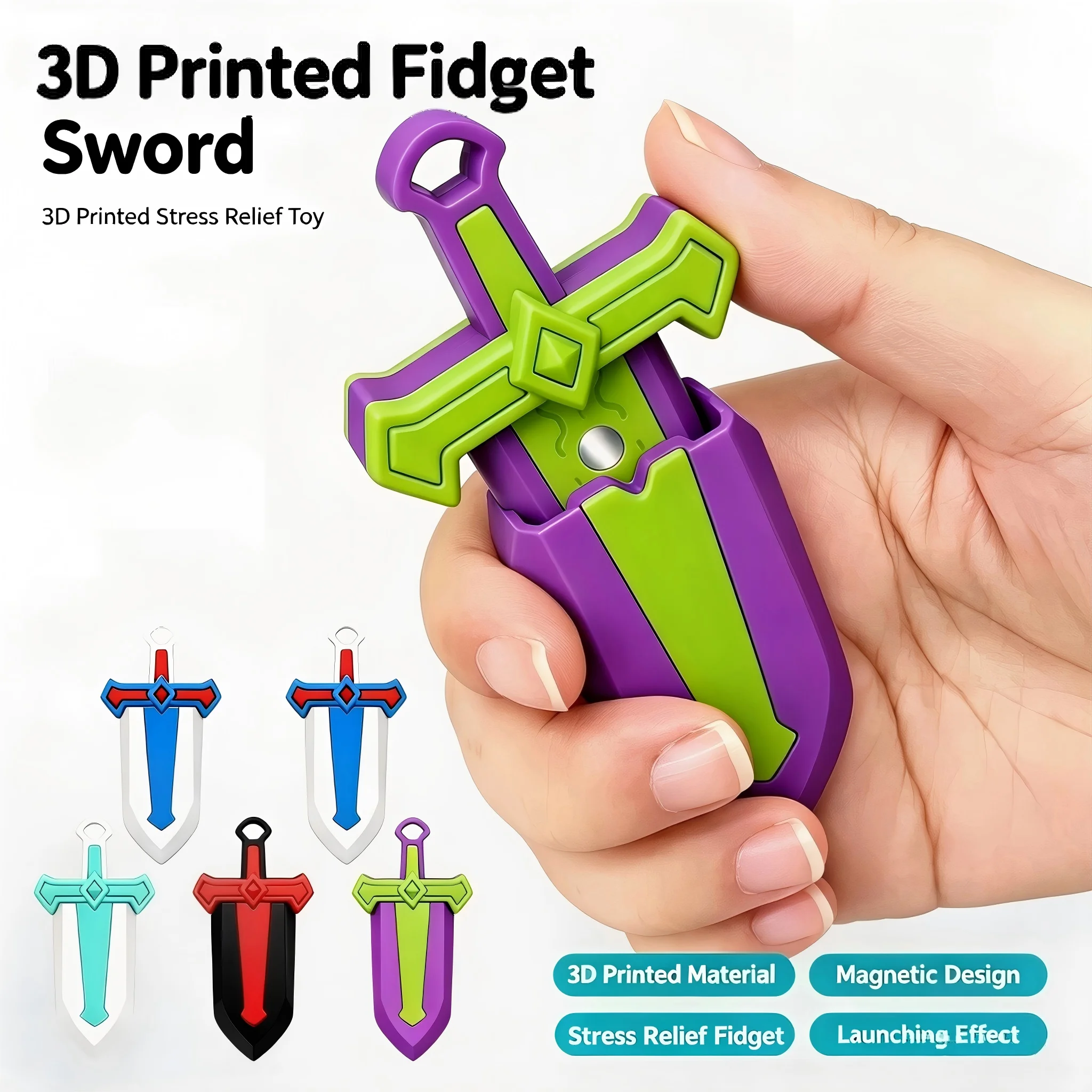 3D Printed Fidget Sword Magnetic Launchable Fidget Slider Portable Pocket EDC Stress Relief Fidget Gadget for Adults Desk Toy