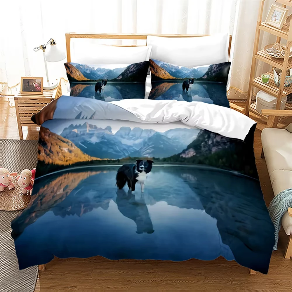 Cute Dog Duvet Cover Full King Size Natural Scenery Snow Mountain Comforter Cover Funny Animal Pet Dog Bedding Set for Teen Boys