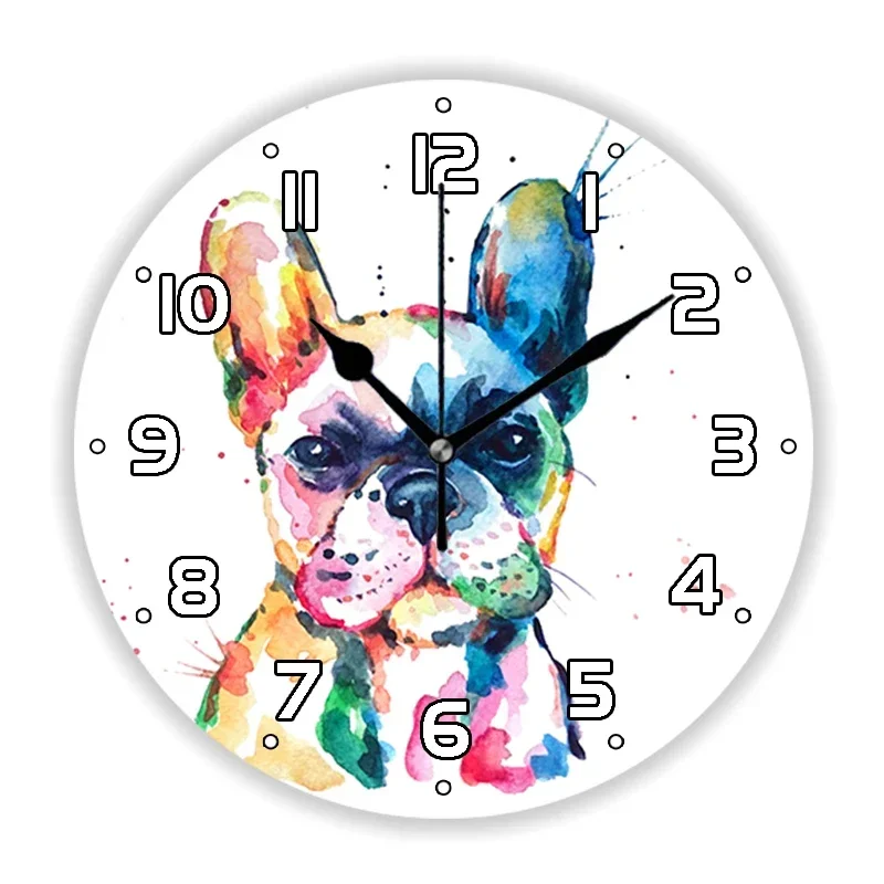 Cool Watercolor Painting French Bulldog Wall Clock for Living Room Frenchie Bull Dog  Art Watch Pet Kitchen Home Decor Gift