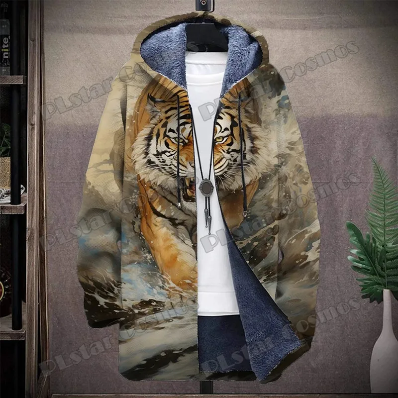 

Men's winter zipper cape animal lion and tiger graffiti pattern 3D printed hooded jacket neutral casual thick warm jacket Z0355