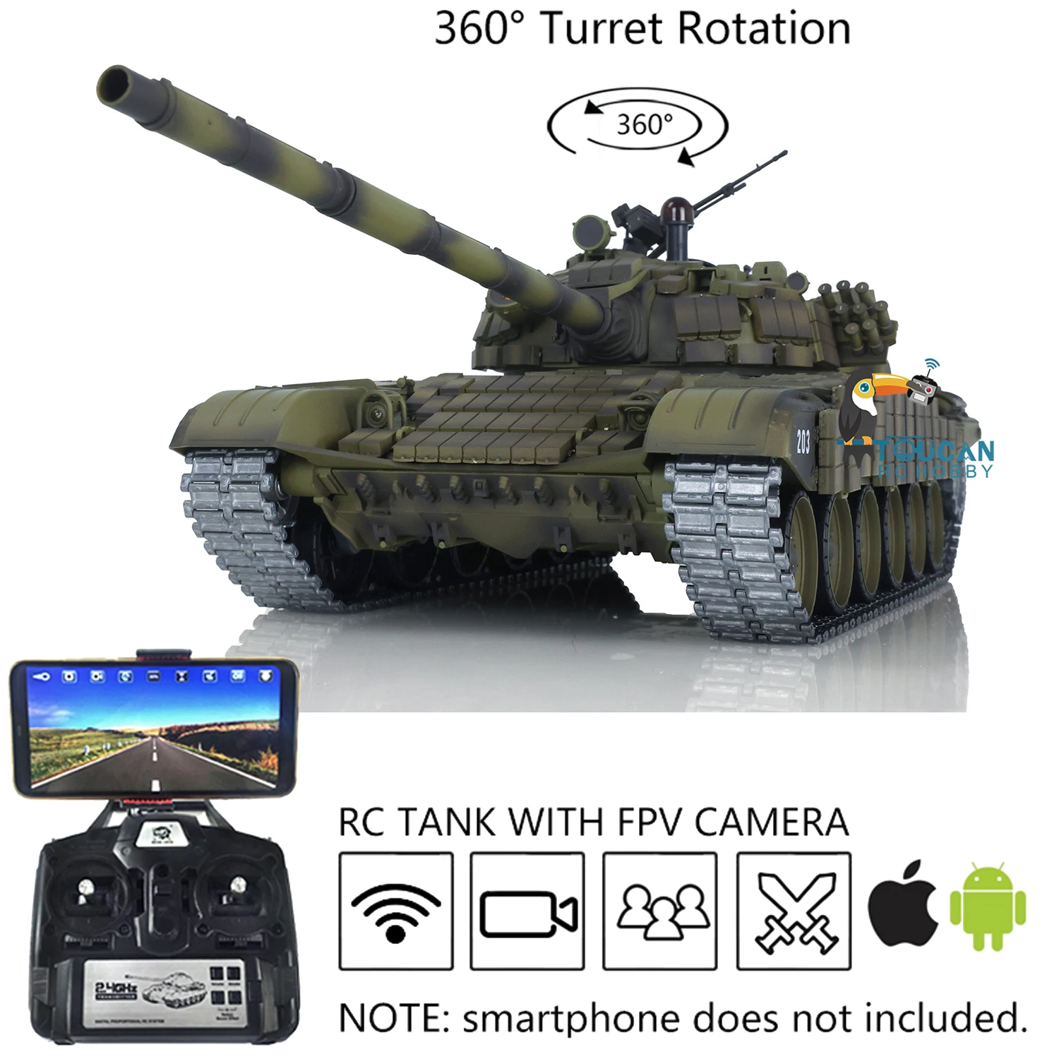 1/16 Heng Long Upgraded Ver 7.0 Metal RC Battle Tank FPV T72 3939 360° Turret Rotation Armor First Person View System TH20571