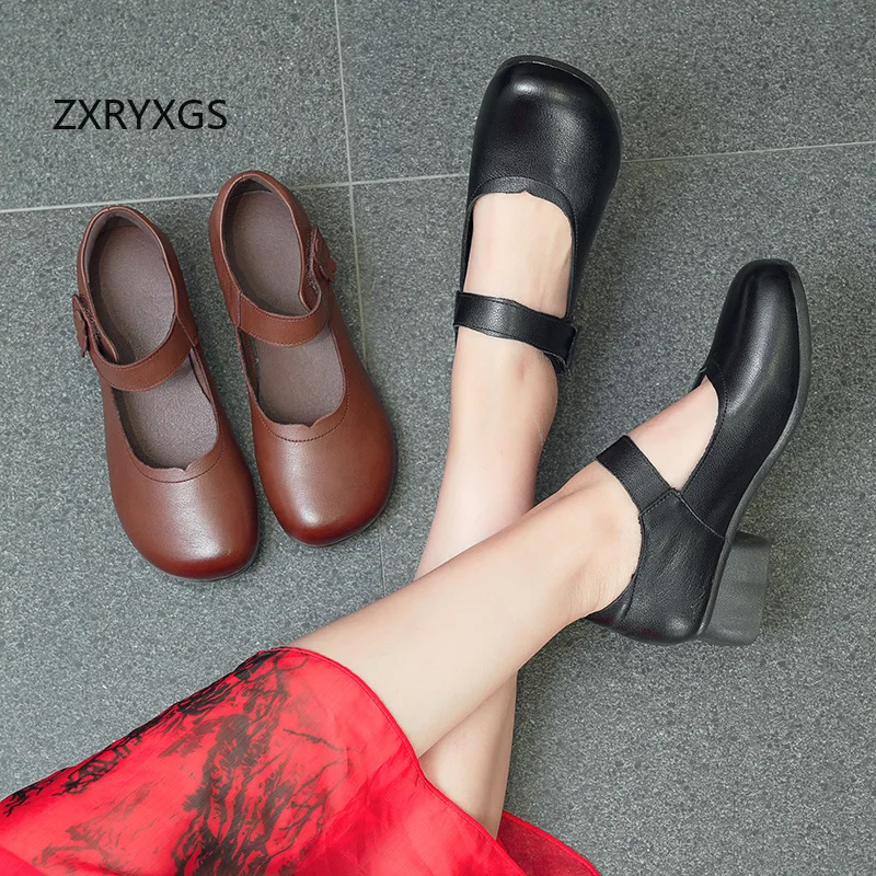 

ZXRYXGS 2026 New Fashion Premium Cowhide Mom Mid Heel Shoe Spring Elegant Comfortable Women Genuine Leather Shoes Trendy Shoes