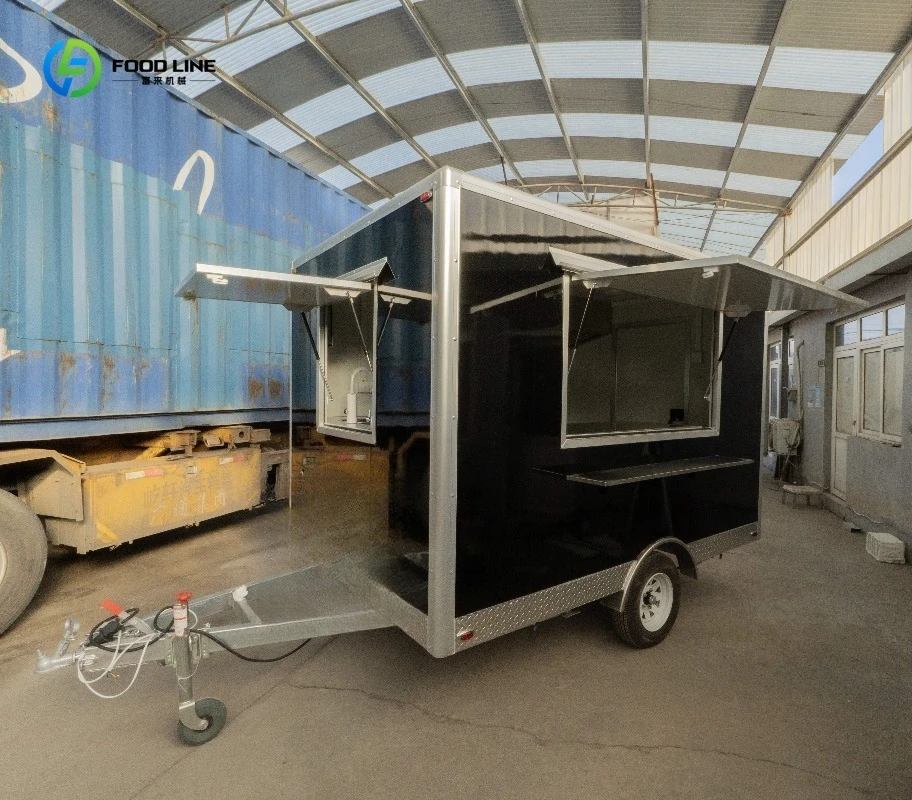 Carrinho de comida móvel de caminhão de comida preto de um eixo com exaustor de pias de duas rodas
