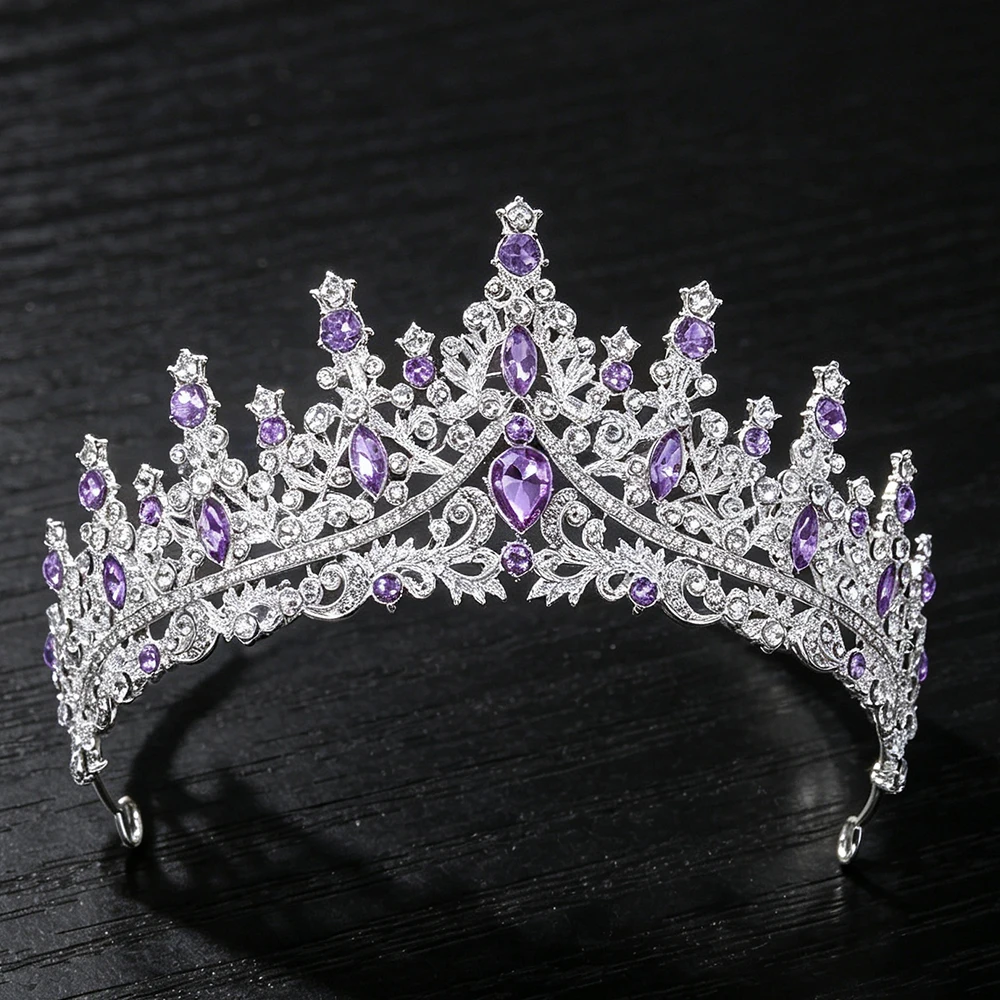 1/3pcs Vintage Baroque Purple Rhinestone Tiara Crown Water Crystal Necklace Earrings Women Wedding Banquet Costume Jewelry Gift