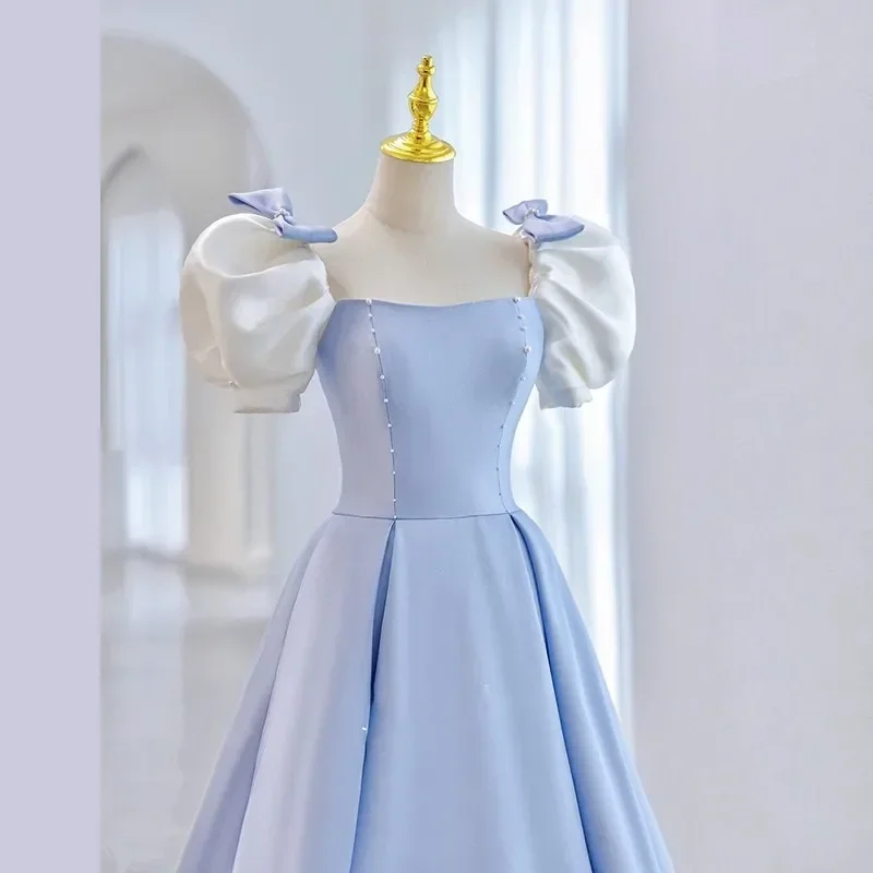 Customized 1Blue Satin Evening Dress Women New Princess Puff Sleeves Bow Backless Lace UP Floor-Length A-line Formal Banquet Gow