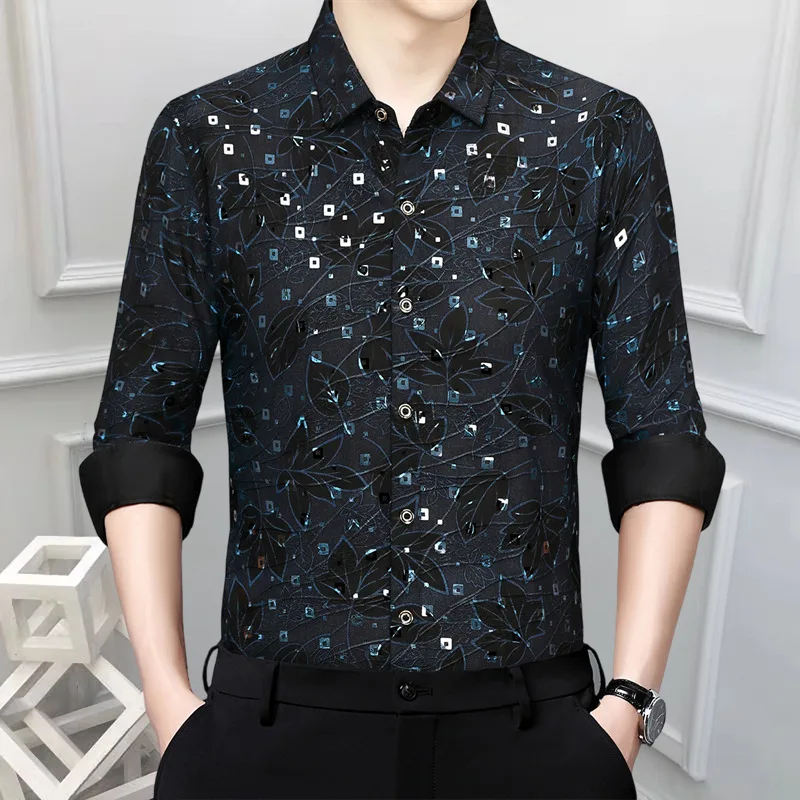 Leaf Print Long Sleeve Casual Shirts Chemise Homme Men Shirt High Quality See Through Flower Shirts Men Business Office Shirt
