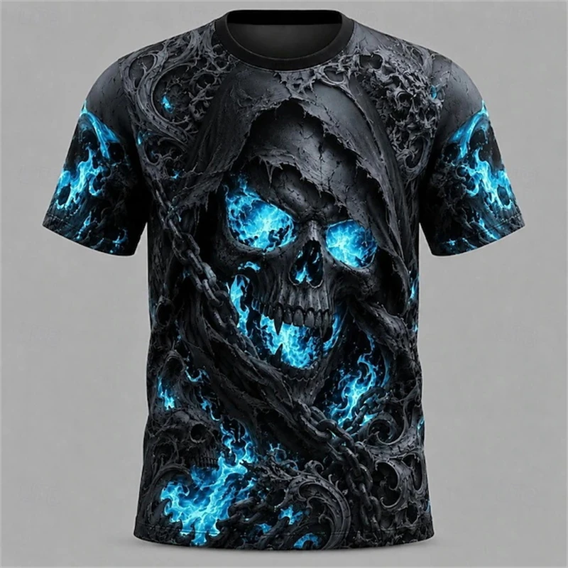 Fashion Grim Reaper Skull 3D Full Print Mens T Shirt Short Sleeve Crew Neck Tops Streetwear Halloween Cosplay Cool Casual Tees