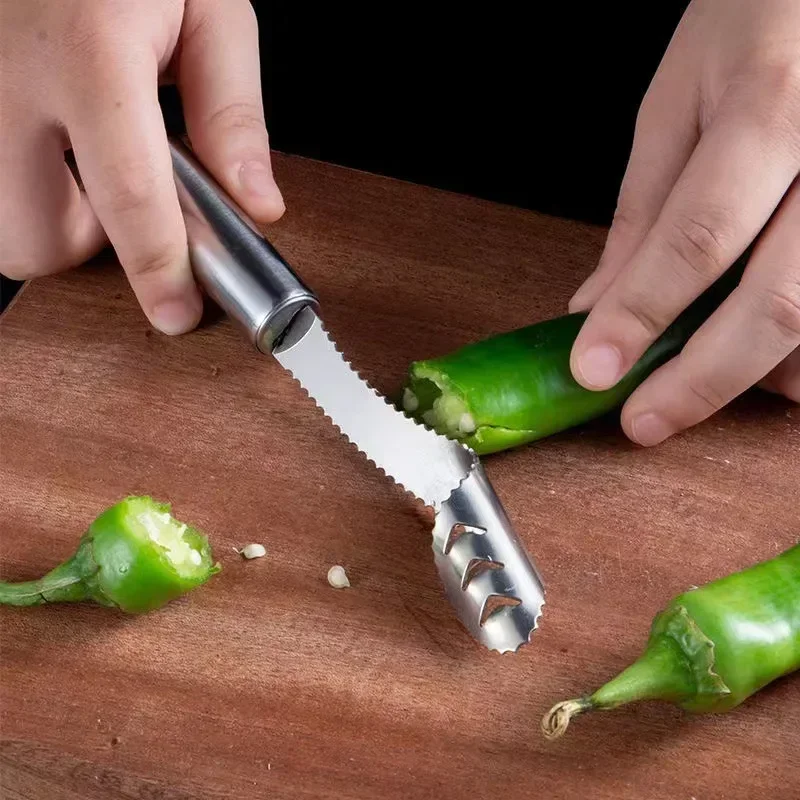 Removedor de núcleo de pimienta, herramienta Corer de pimienta jalapeño, Chili Deseeder, dispositivo de cocina con borde afilado, removedor de semillas, rebanada de verduras en la parte superior
