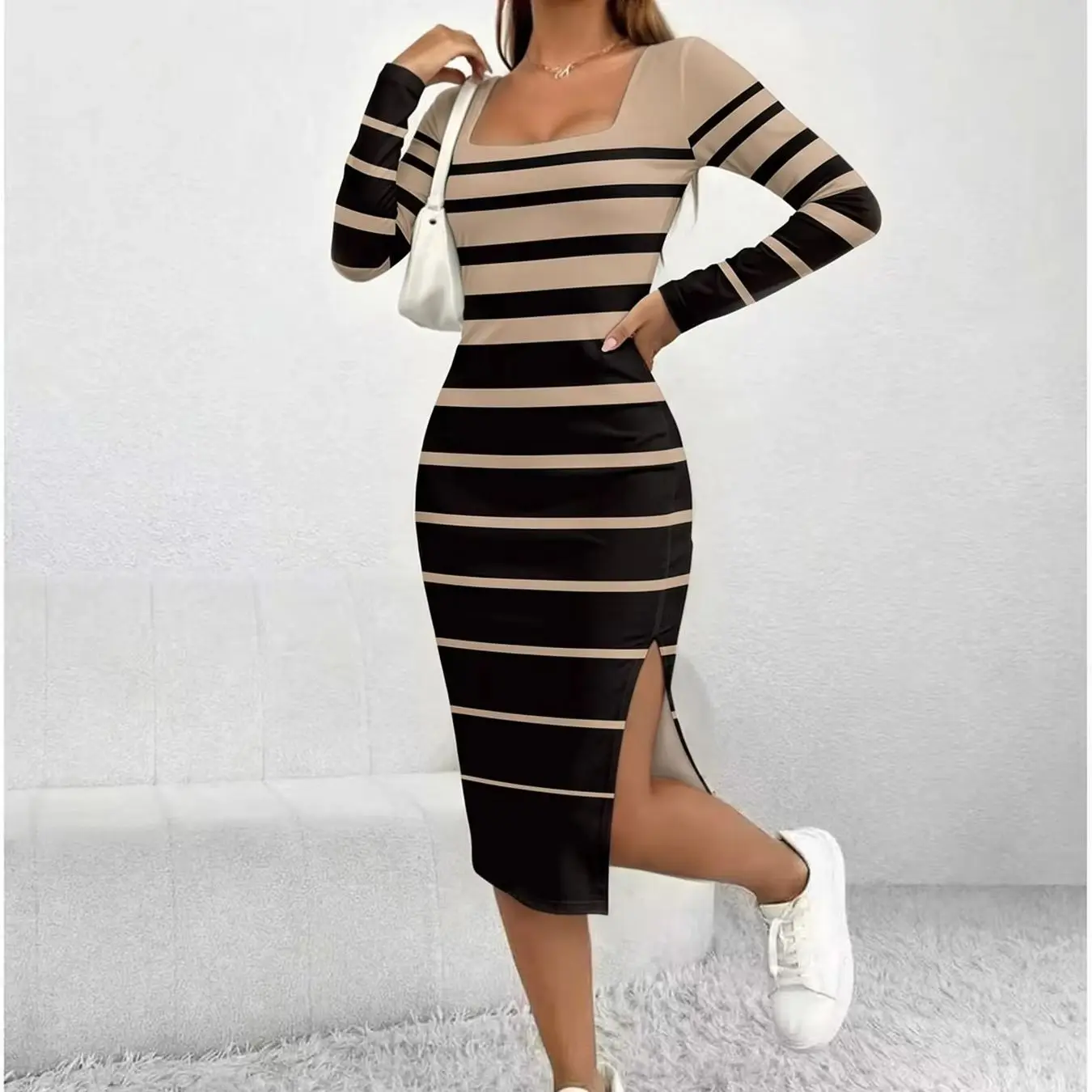 Women's Casual Maxi Dress Striped Color-Block Square Neck Long Sleeve Waist Cinched Skirt with Slit Comfortable Long Skirt - view 6