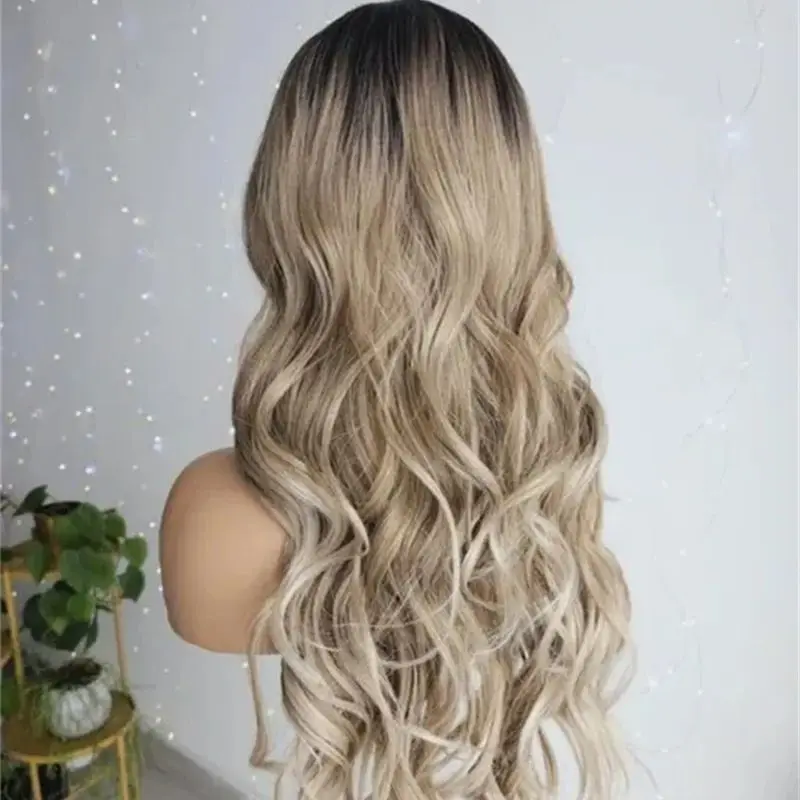Middle Part Ombre Ash Blonde Brown Balayage Luxury Synthetic Lace Front Wig Long Natural Body Wave Wig High Quality Women's Wig